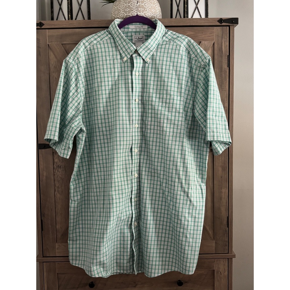 LL Bean Mens XL Tall Green Plaid Short Sleeve Wrinkle Free Cotton Button Down